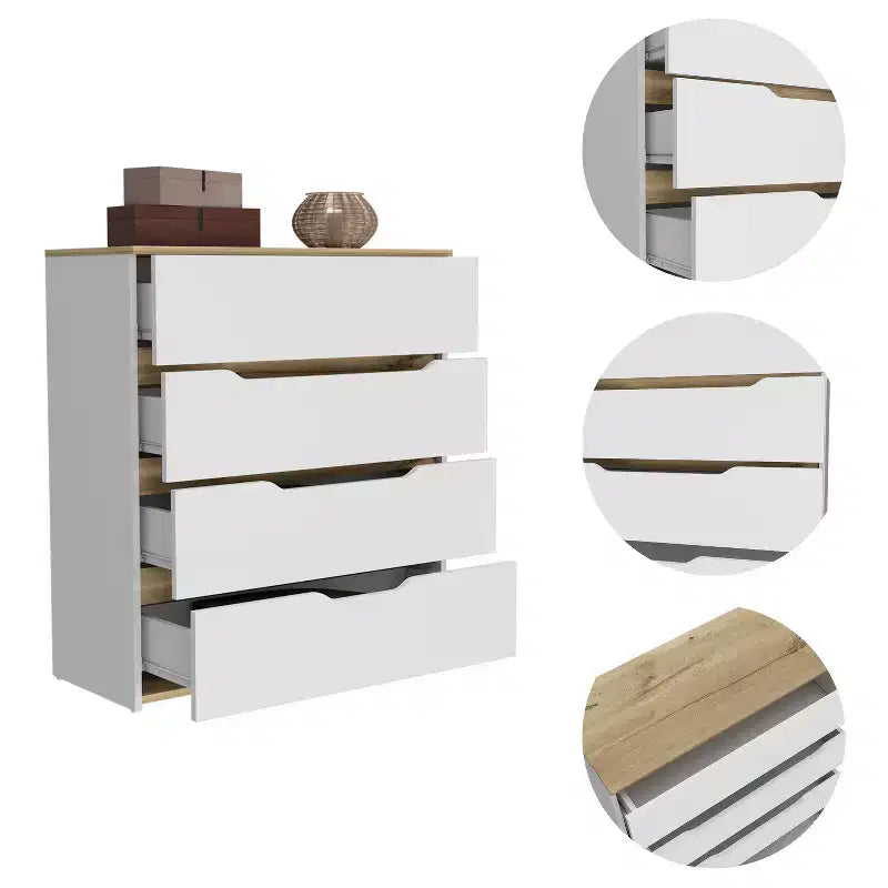 Commode de chambre moderne Okak à 4 tiroirs avec plateau supérieur et tiroirs spacieux, meuble de rangement pour chambre à coucher, entrée, commode en bois