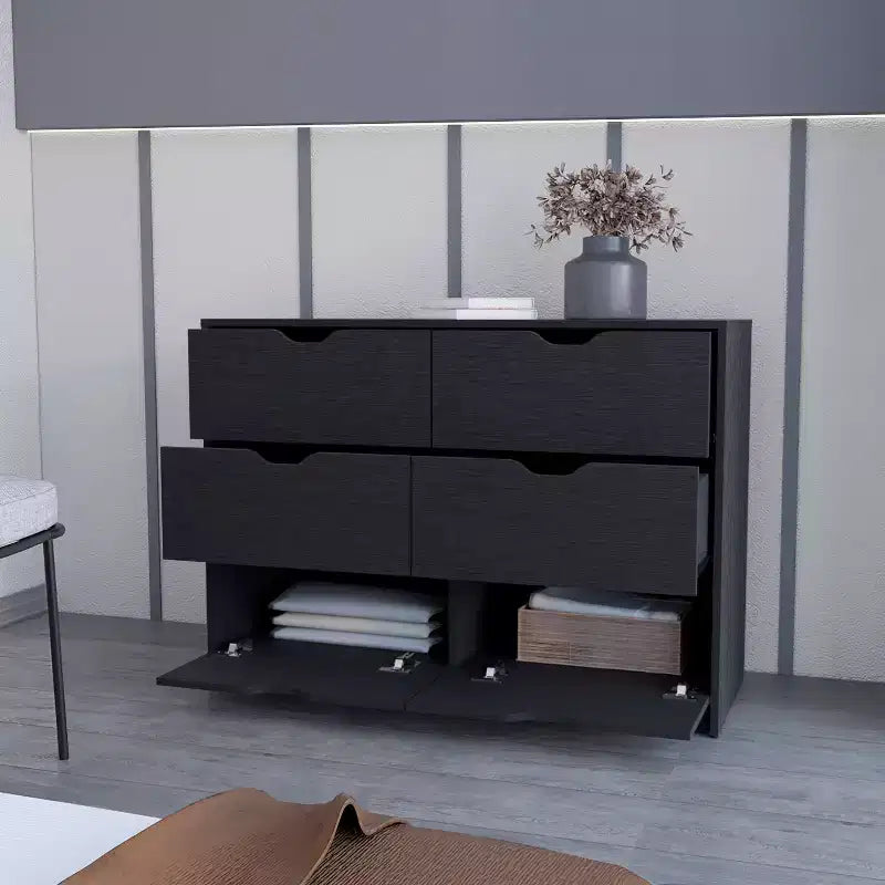 Commode de chambre moderne Okak à 4 tiroirs avec plateau supérieur et tiroirs spacieux, meuble de rangement pour chambre à coucher, entrée, commode en bois