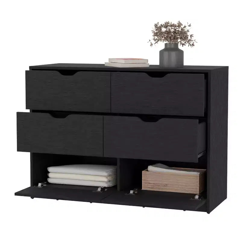 Commode de chambre moderne Okak à 4 tiroirs avec plateau supérieur et tiroirs spacieux, meuble de rangement pour chambre à coucher, entrée, commode en bois