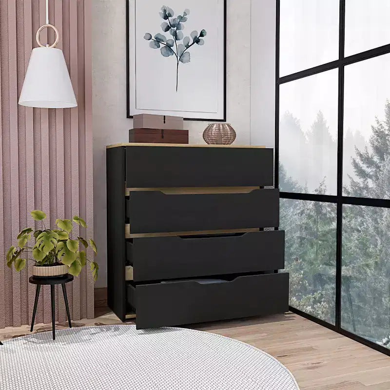 Commode de chambre moderne Okak à 4 tiroirs avec plateau supérieur et tiroirs spacieux, meuble de rangement pour chambre à coucher, entrée, commode en bois