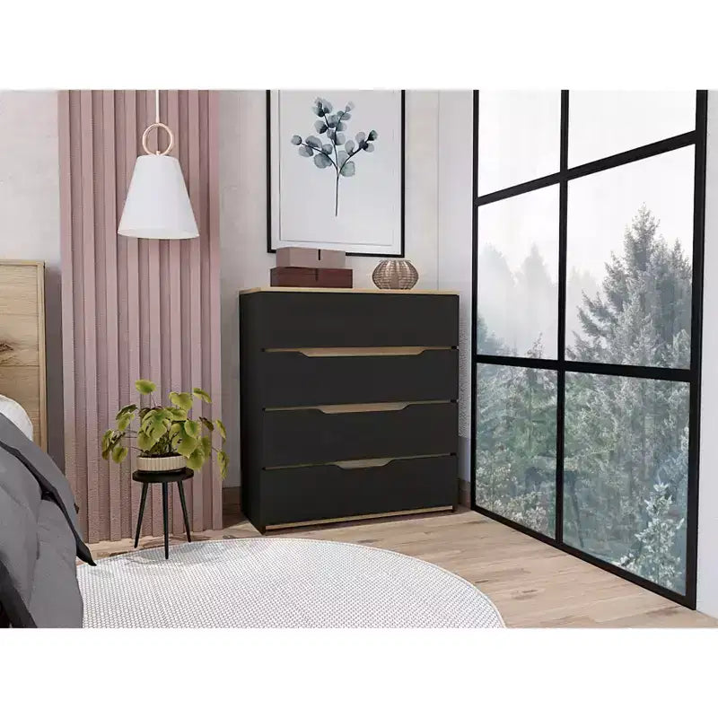Commode de chambre moderne Okak à 4 tiroirs avec plateau supérieur et tiroirs spacieux, meuble de rangement pour chambre à coucher, entrée, commode en bois