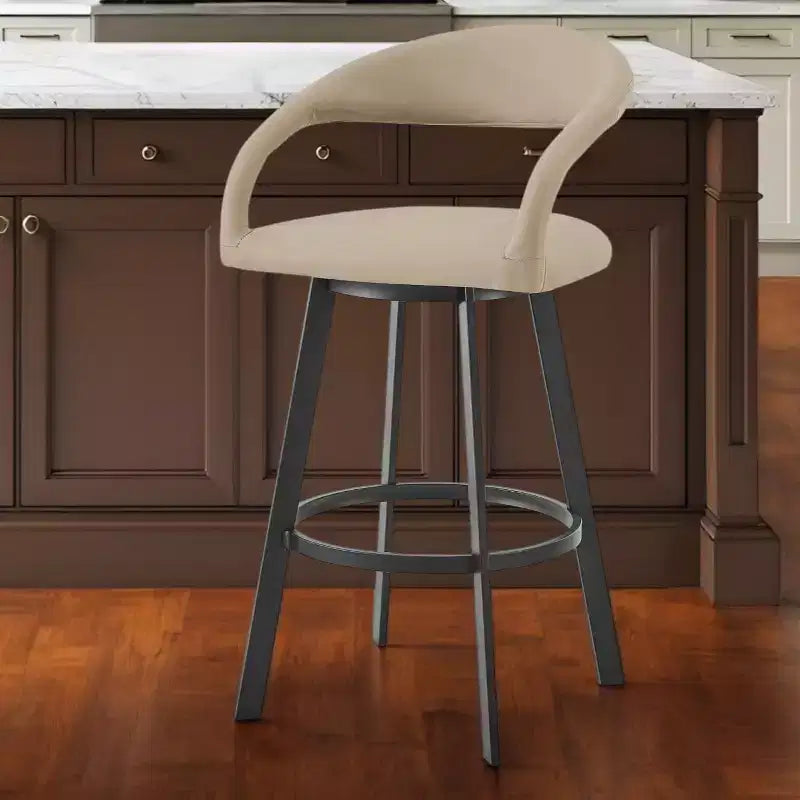 HomeRoots 26" Beige et Noir Similicuir et Fer Chaise de Bar Pivotante à Dossier Bas Hauteur Comptoir