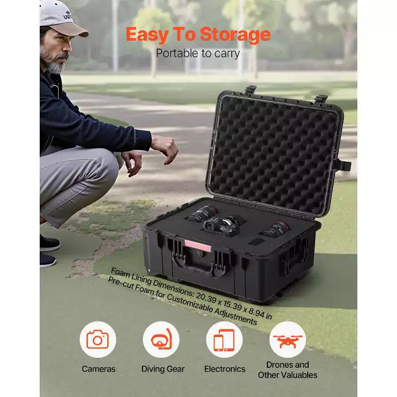 Valise rigide étanche VEVOR, mallette de protection robuste avec mousse prédécoupée, roues et poignées rétractables pour les voyages et la chasse, noire