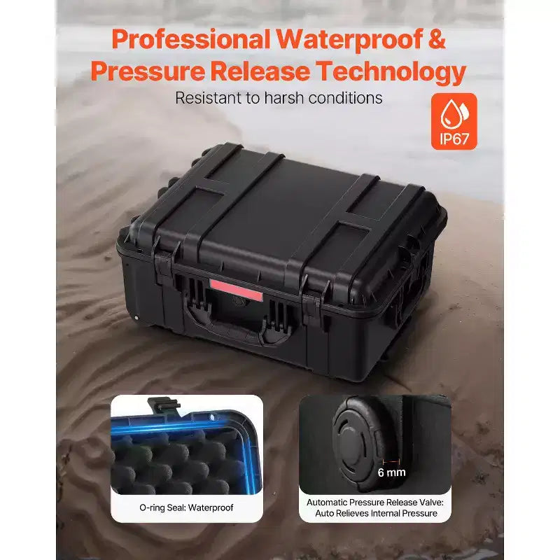 Valise rigide étanche VEVOR, mallette de protection robuste avec mousse prédécoupée, roues et poignées rétractables pour les voyages et la chasse, noire