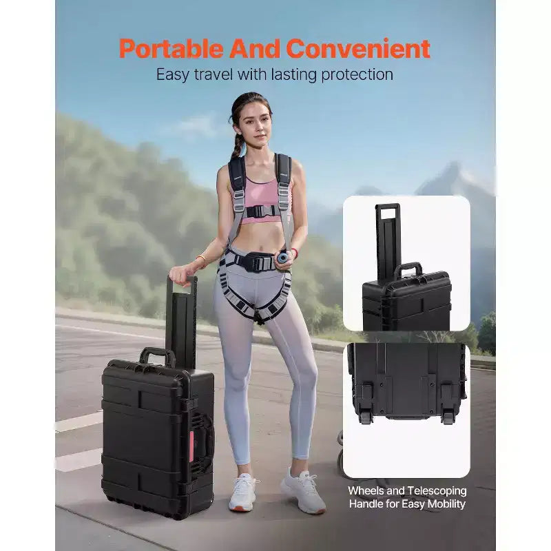 Valise rigide étanche VEVOR, mallette de protection robuste avec mousse prédécoupée, roues et poignées rétractables pour les voyages et la chasse, noire