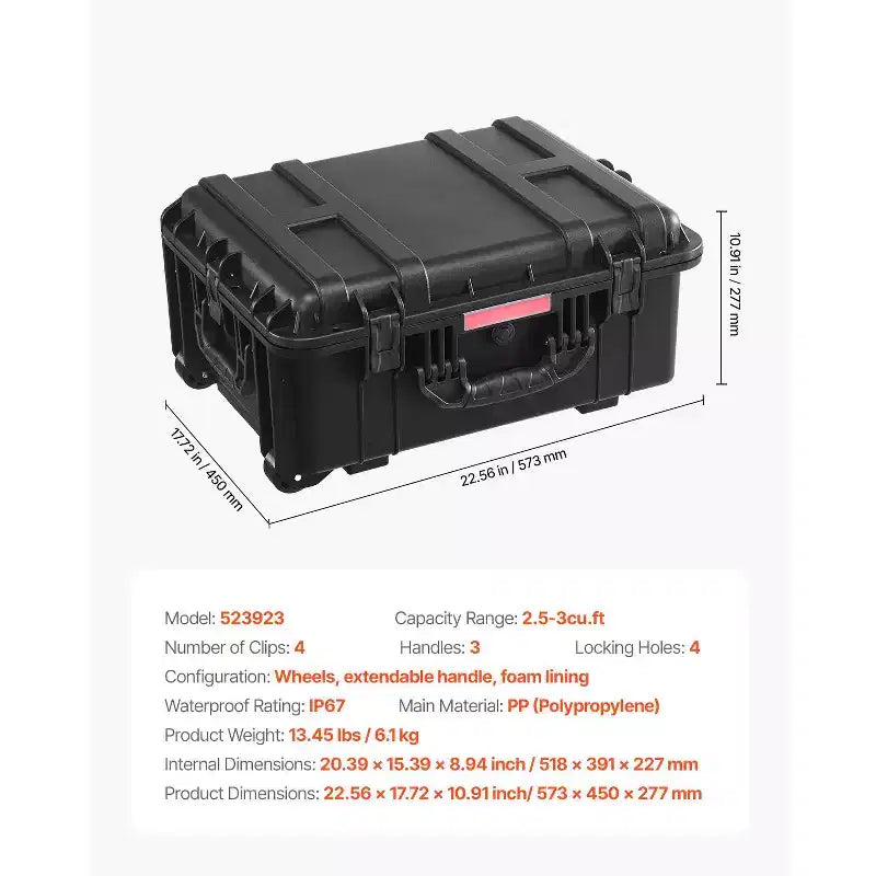 Valise rigide étanche VEVOR, mallette de protection robuste avec mousse prédécoupée, roues et poignées rétractables pour les voyages et la chasse, noire