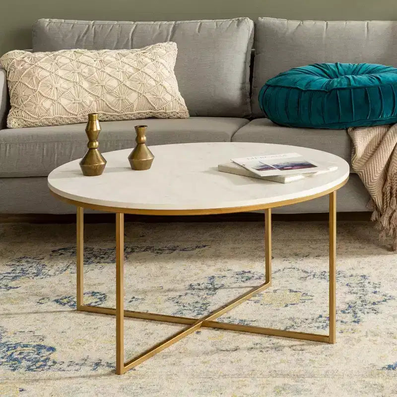Table basse ronde/rectangulaire Okak avec base en métal en forme de X et plateau en faux marbre, style moderne du milieu du siècle pour salon
