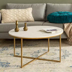 Table basse ronde/rectangulaire Okak avec base en métal en forme de X et plateau en faux marbre, style moderne du milieu du siècle pour salon