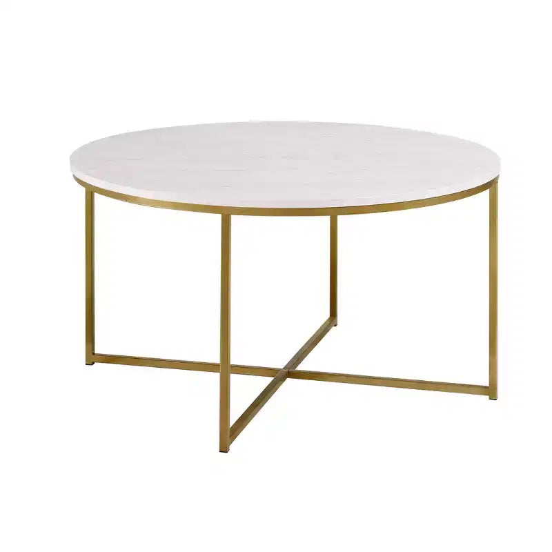 Table basse ronde/rectangulaire Okak avec base en métal en forme de X et plateau en faux marbre, style moderne du milieu du siècle pour salon