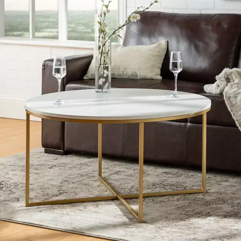 Table basse ronde/rectangulaire Okak avec base en métal en forme de X et plateau en faux marbre, style moderne du milieu du siècle pour salon