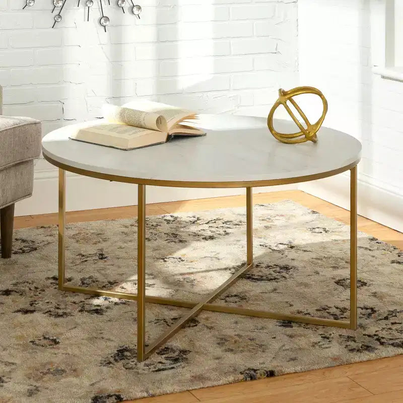 Table basse ronde/rectangulaire Okak avec base en métal en forme de X et plateau en faux marbre, style moderne du milieu du siècle pour salon