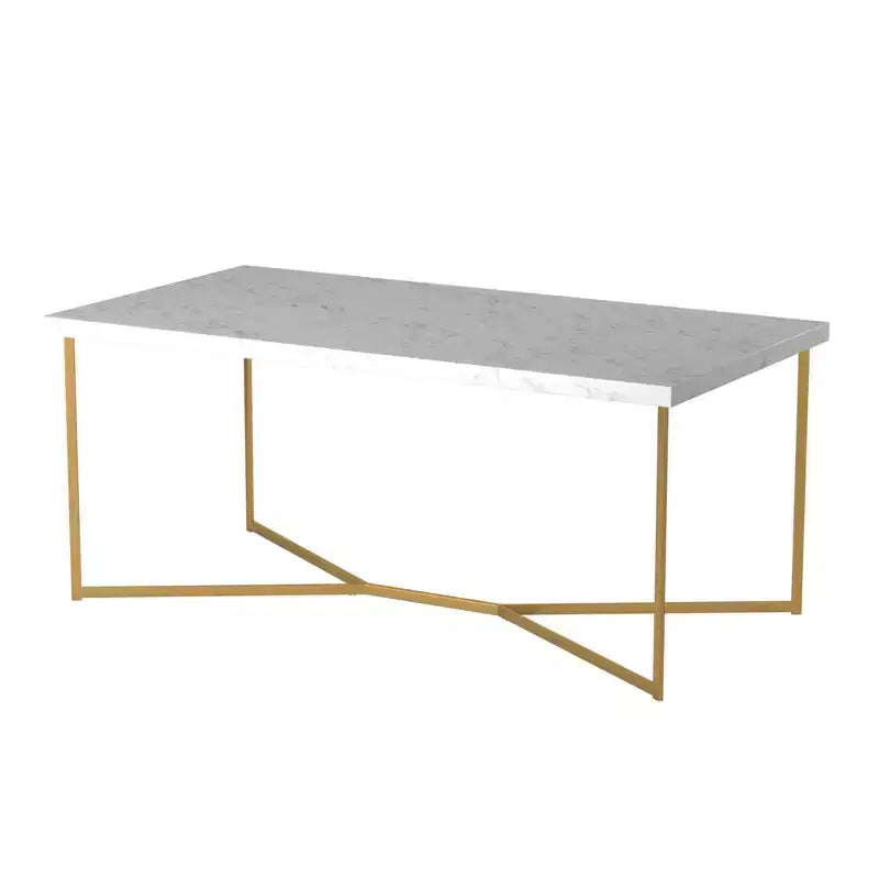 Table basse ronde/rectangulaire Okak avec base en métal en forme de X et plateau en faux marbre, style moderne du milieu du siècle pour salon