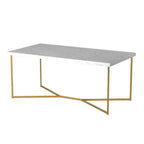 Table basse ronde/rectangulaire Okak avec base en métal en forme de X et plateau en faux marbre, style moderne du milieu du siècle pour salon