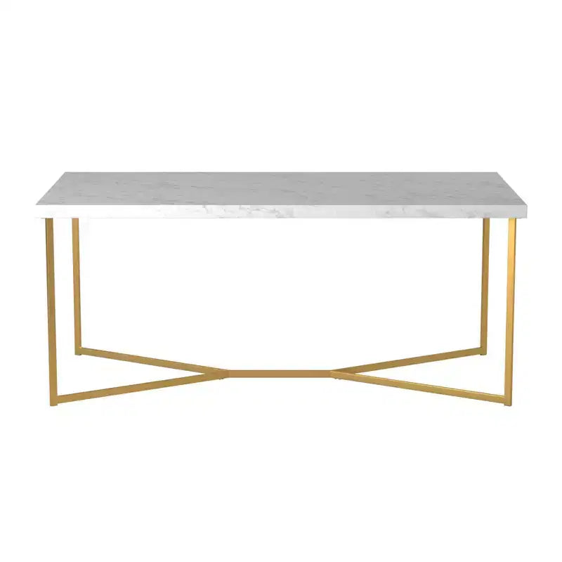 Table basse ronde/rectangulaire Okak avec base en métal en forme de X et plateau en faux marbre, style moderne du milieu du siècle pour salon