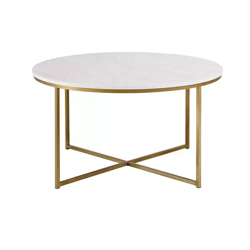 Table basse ronde/rectangulaire Okak avec base en métal en forme de X et plateau en faux marbre, style moderne du milieu du siècle pour salon