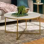 Okak Round/Rectangle Coffee Table with X-shaped Metal Base and Faux Marble Top Mid-Century Modern for Living Room