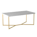 Table basse ronde/rectangulaire Okak avec base en métal en forme de X et plateau en faux marbre, style moderne du milieu du siècle pour salon