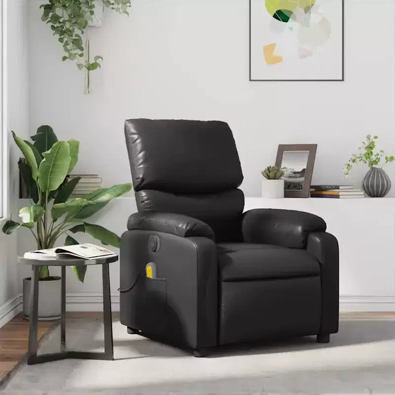 vidaXL Fauteuil inclinable de massage en cuir pour salon, cinéma maison, massage par vibrations à 6 points, dossier et repose-pieds réglables, pochette latérale, noir