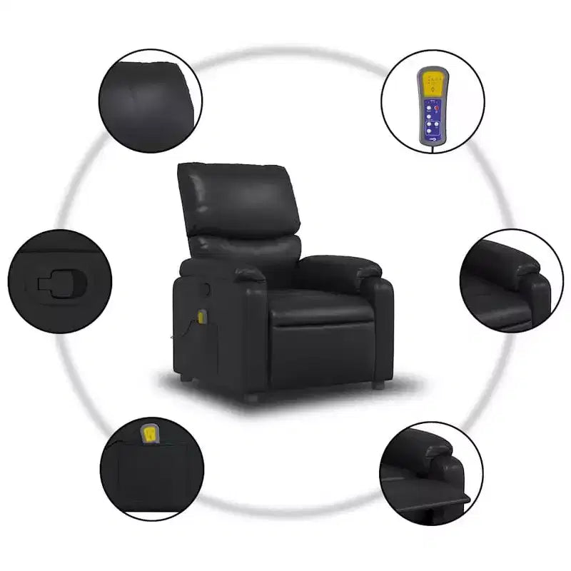 vidaXL Fauteuil inclinable de massage en cuir pour salon, cinéma maison, massage par vibrations à 6 points, dossier et repose-pieds réglables, pochette latérale, noir