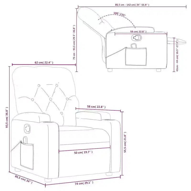 Fauteuil inclinable de massage vidaXL - Similicuir noir, 6 points de vibration, réglable à 135 degrés, porte-gobelets, pochette latérale