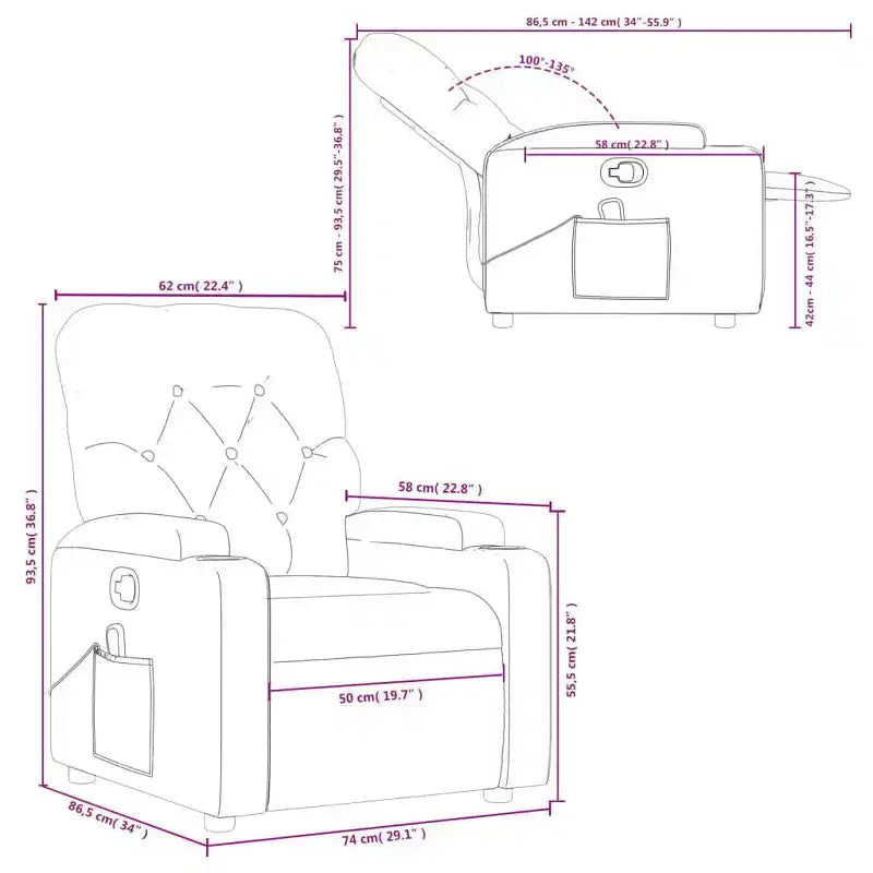 Fauteuil inclinable de massage vidaXL - Similicuir noir, 6 points de vibration, réglable à 135 degrés, porte-gobelets, pochette latérale