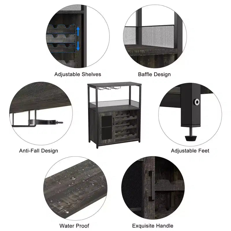Meuble Bar à Vin Industriel Gris à 3 Niveaux (12+ Bouteilles) 91,4 cm H x 61 cm L x 38,1 cm P, Casier Détachable, 9 Supports à Verres et Étagères Réglables pour Maison/Bar