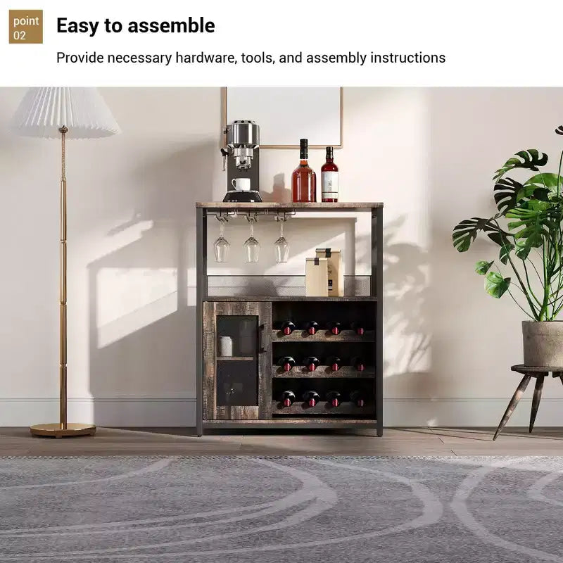 Meuble Bar à Vin Industriel Gris à 3 Niveaux (12+ Bouteilles) 91,4 cm H x 61 cm L x 38,1 cm P, Casier Détachable, 9 Supports à Verres et Étagères Réglables pour Maison/Bar