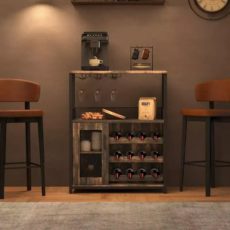 Meuble Bar à Vin Industriel Gris à 3 Niveaux (12+ Bouteilles) 91,4 cm H x 61 cm L x 38,1 cm P, Casier Détachable, 9 Supports à Verres et Étagères Réglables pour Maison/Bar
