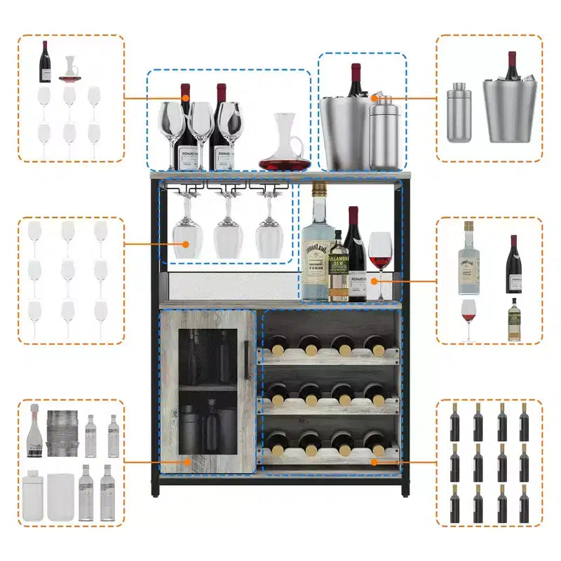 Meuble Bar à Vin Industriel Gris à 3 Niveaux (12+ Bouteilles) 91,4 cm H x 61 cm L x 38,1 cm P, Casier Détachable, 9 Supports à Verres et Étagères Réglables pour Maison/Bar