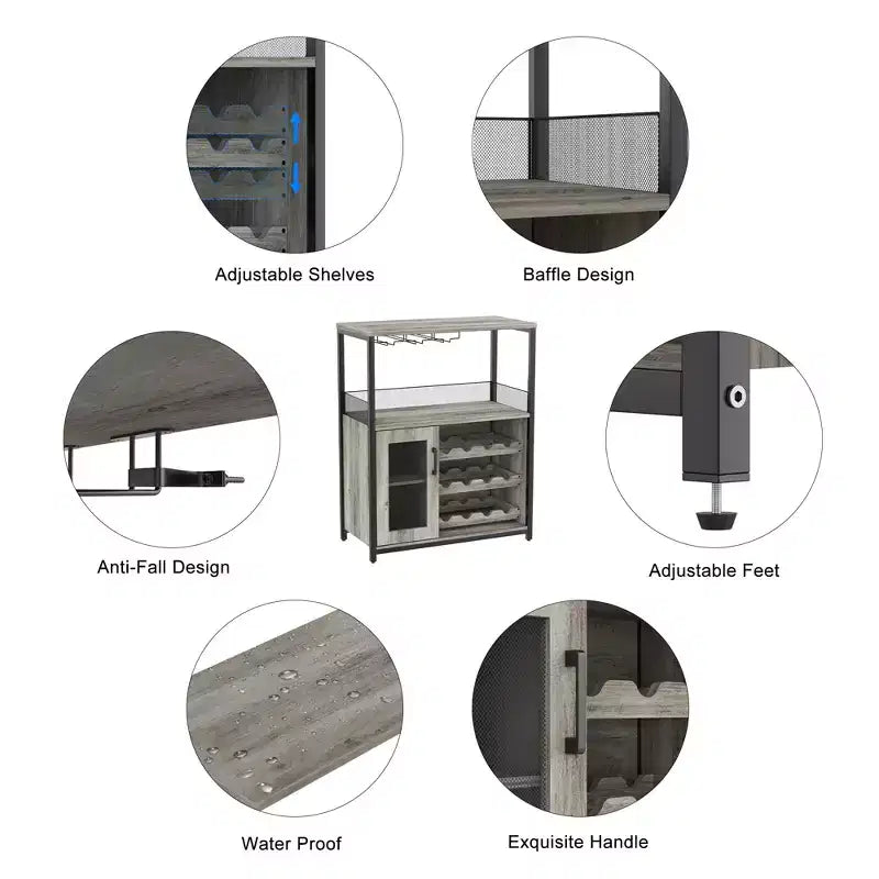 Meuble Bar à Vin Industriel Gris à 3 Niveaux (12+ Bouteilles) 91,4 cm H x 61 cm L x 38,1 cm P, Casier Détachable, 9 Supports à Verres et Étagères Réglables pour Maison/Bar