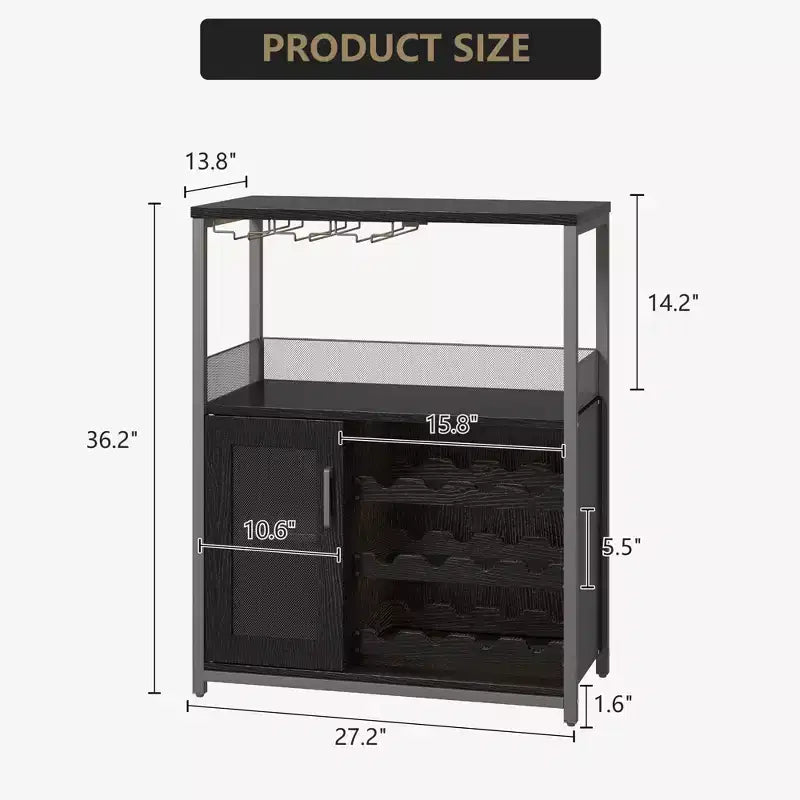 Meuble Bar à Vin Industriel Gris à 3 Niveaux (12+ Bouteilles) 91,4 cm H x 61 cm L x 38,1 cm P, Casier Détachable, 9 Supports à Verres et Étagères Réglables pour Maison/Bar