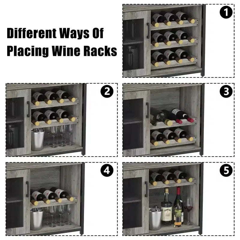 Meuble Bar à Vin Industriel Gris à 3 Niveaux (12+ Bouteilles) 91,4 cm H x 61 cm L x 38,1 cm P, Casier Détachable, 9 Supports à Verres et Étagères Réglables pour Maison/Bar