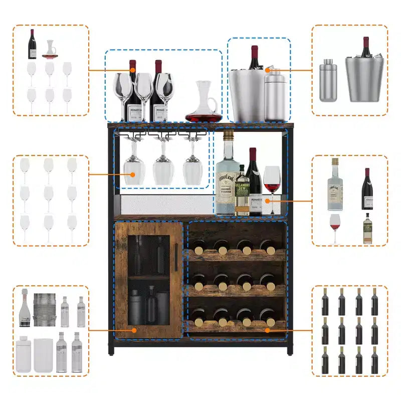 Meuble Bar à Vin Industriel Gris à 3 Niveaux (12+ Bouteilles) 91,4 cm H x 61 cm L x 38,1 cm P, Casier Détachable, 9 Supports à Verres et Étagères Réglables pour Maison/Bar