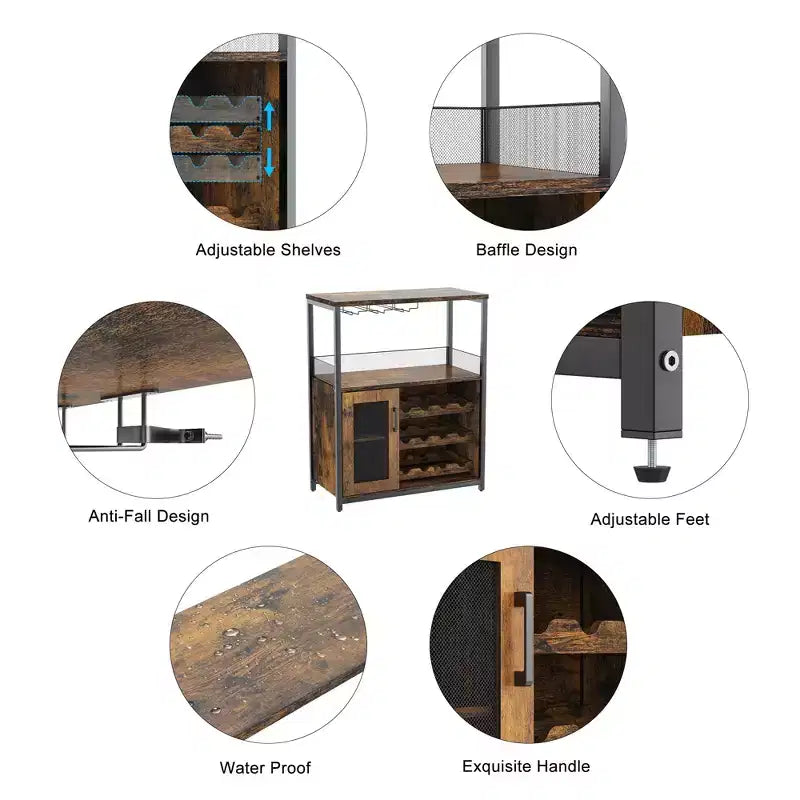 Meuble Bar à Vin Industriel Gris à 3 Niveaux (12+ Bouteilles) 91,4 cm H x 61 cm L x 38,1 cm P, Casier Détachable, 9 Supports à Verres et Étagères Réglables pour Maison/Bar