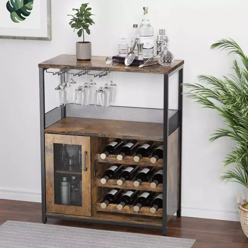 Meuble Bar à Vin Industriel Gris à 3 Niveaux (12+ Bouteilles) 91,4 cm H x 61 cm L x 38,1 cm P, Casier Détachable, 9 Supports à Verres et Étagères Réglables pour Maison/Bar