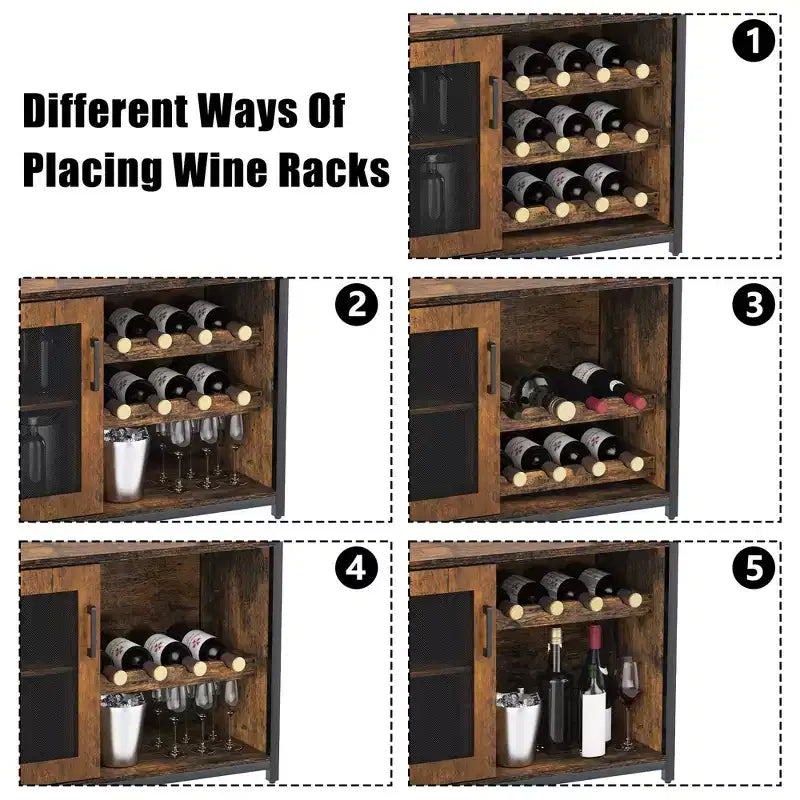 Meuble Bar à Vin Industriel Gris à 3 Niveaux (12+ Bouteilles) 91,4 cm H x 61 cm L x 38,1 cm P, Casier Détachable, 9 Supports à Verres et Étagères Réglables pour Maison/Bar