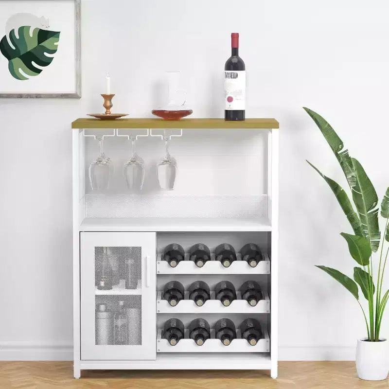 Meuble Bar à Vin Industriel Gris à 3 Niveaux (12+ Bouteilles) 91,4 cm H x 61 cm L x 38,1 cm P, Casier Détachable, 9 Supports à Verres et Étagères Réglables pour Maison/Bar