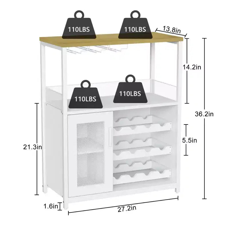 Meuble Bar à Vin Industriel Gris à 3 Niveaux (12+ Bouteilles) 91,4 cm H x 61 cm L x 38,1 cm P, Casier Détachable, 9 Supports à Verres et Étagères Réglables pour Maison/Bar