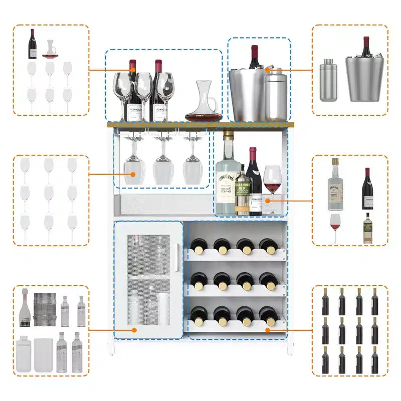 Meuble Bar à Vin Industriel Gris à 3 Niveaux (12+ Bouteilles) 91,4 cm H x 61 cm L x 38,1 cm P, Casier Détachable, 9 Supports à Verres et Étagères Réglables pour Maison/Bar