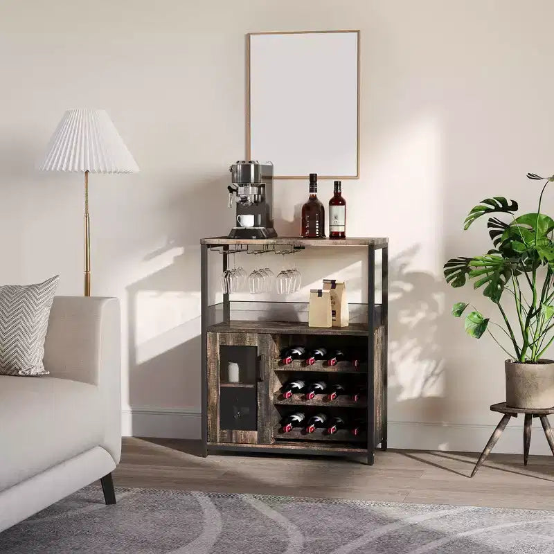 Meuble Bar à Vin Industriel Gris à 3 Niveaux (12+ Bouteilles) 91,4 cm H x 61 cm L x 38,1 cm P, Casier Détachable, 9 Supports à Verres et Étagères Réglables pour Maison/Bar