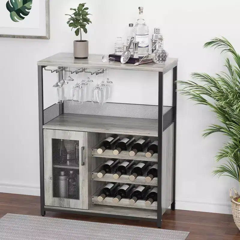 Meuble Bar à Vin Industriel Gris à 3 Niveaux (12+ Bouteilles) 91,4 cm H x 61 cm L x 38,1 cm P, Casier Détachable, 9 Supports à Verres et Étagères Réglables pour Maison/Bar