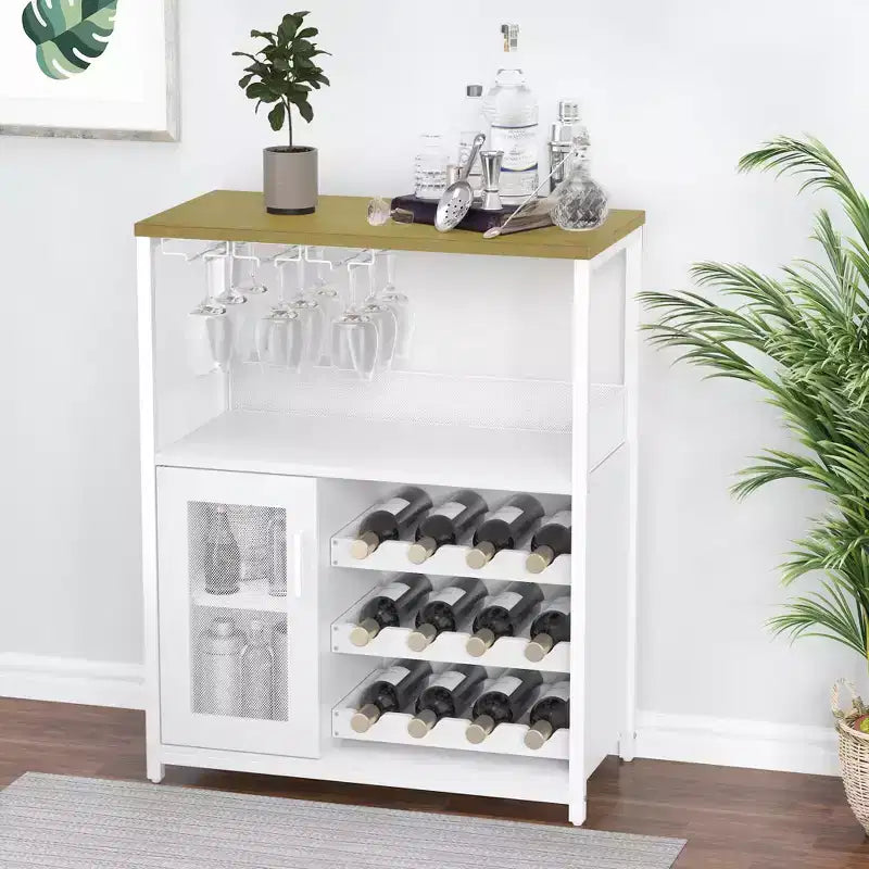 Meuble Bar à Vin Industriel Gris à 3 Niveaux (12+ Bouteilles) 91,4 cm H x 61 cm L x 38,1 cm P, Casier Détachable, 9 Supports à Verres et Étagères Réglables pour Maison/Bar