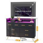 Commode 8 tiroirs avec station de charge et lumières RVB | Commode de chambre large avec 3 prises + 2 ports USB, éclairage LED contrôlé par application pour le jeu