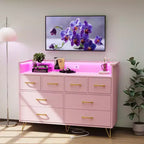 Commode 8 tiroirs avec station de charge et lumières RVB | Commode de chambre large avec 3 prises + 2 ports USB, éclairage LED contrôlé par application pour le jeu