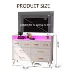 Commode 8 tiroirs avec station de charge et lumières RVB | Commode de chambre large avec 3 prises + 2 ports USB, éclairage LED contrôlé par application pour le jeu