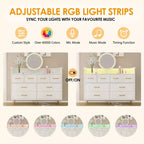 Commode 8 tiroirs avec station de charge et lumières RVB | Commode de chambre large avec 3 prises + 2 ports USB, éclairage LED contrôlé par application pour le jeu