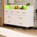 Commode 8 tiroirs avec station de charge et lumières RVB | Commode de chambre large avec 3 prises + 2 ports USB, éclairage LED contrôlé par application pour le jeu