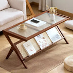 GDFStudio Gnar Tables basses en bois de style moderne du milieu du siècle de 100 cm avec plateau en verre et étagère en rotin