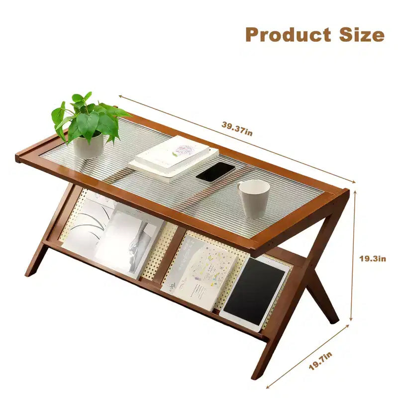 GDFStudio Gnar Tables basses en bois de style moderne du milieu du siècle de 100 cm avec plateau en verre et étagère en rotin