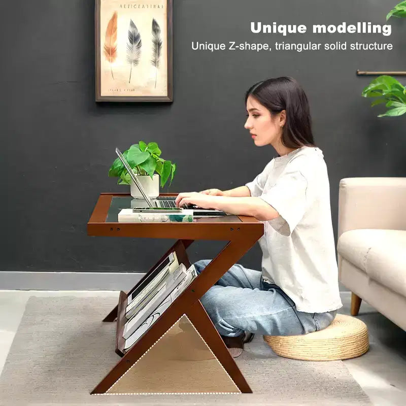 GDFStudio Gnar Tables basses en bois de style moderne du milieu du siècle de 100 cm avec plateau en verre et étagère en rotin